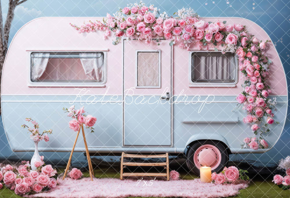 Kate Saint Valentin Fleurs roses VR Bleu Toile de fond conçue par Chain Photographie - Kate Backdrop FR