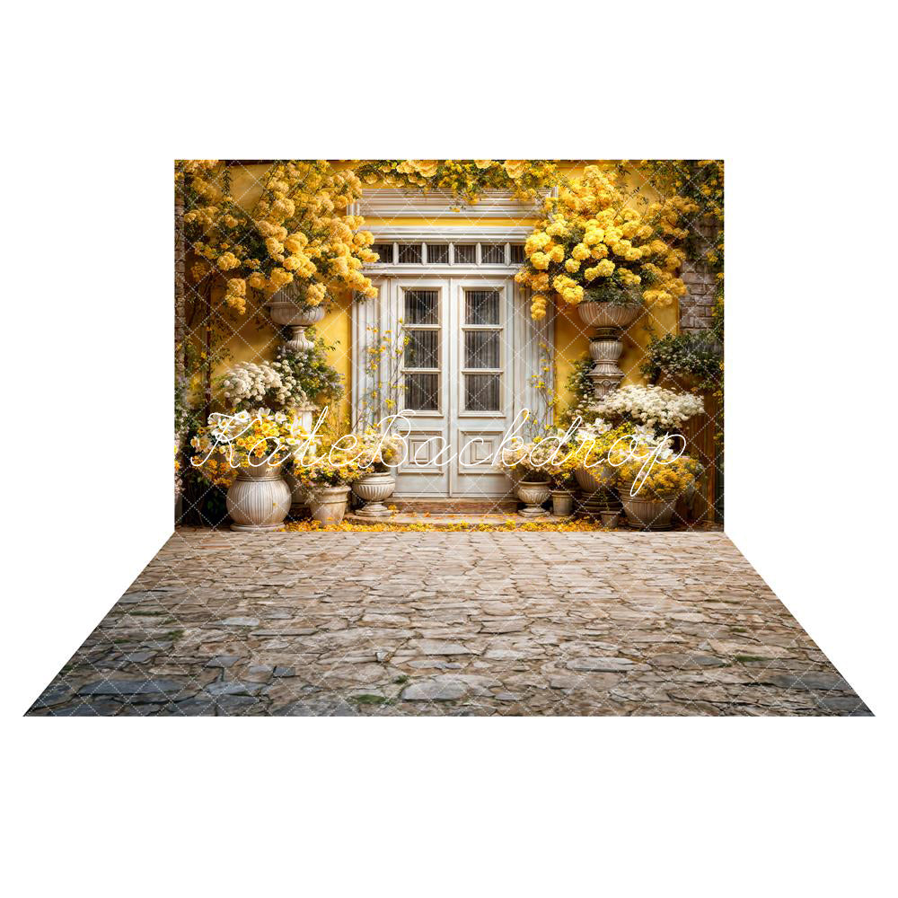 Kate Printemps Jaune Fleurs Porte en bois Toile de fond+Pierre Chemin Sol Toile de fond - Kate Backdrop FR