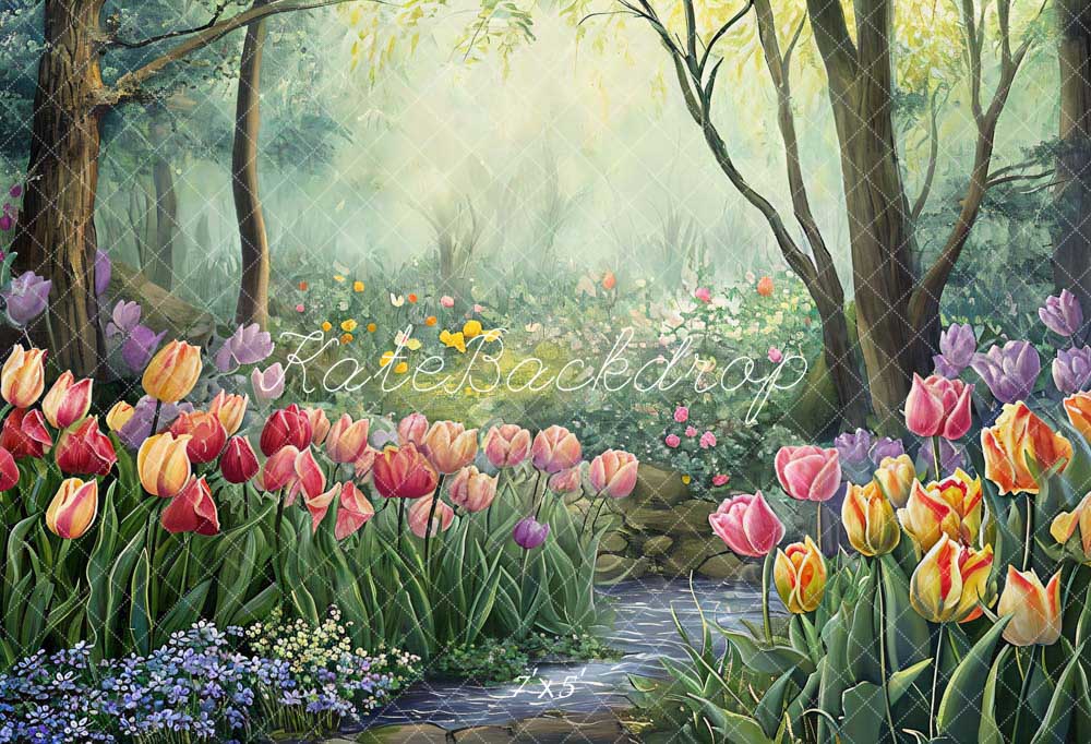 Kate Printemps Fleurs Forêt Peinture à l'huile Toile de fond conçue par GQ - Kate Backdrop FR