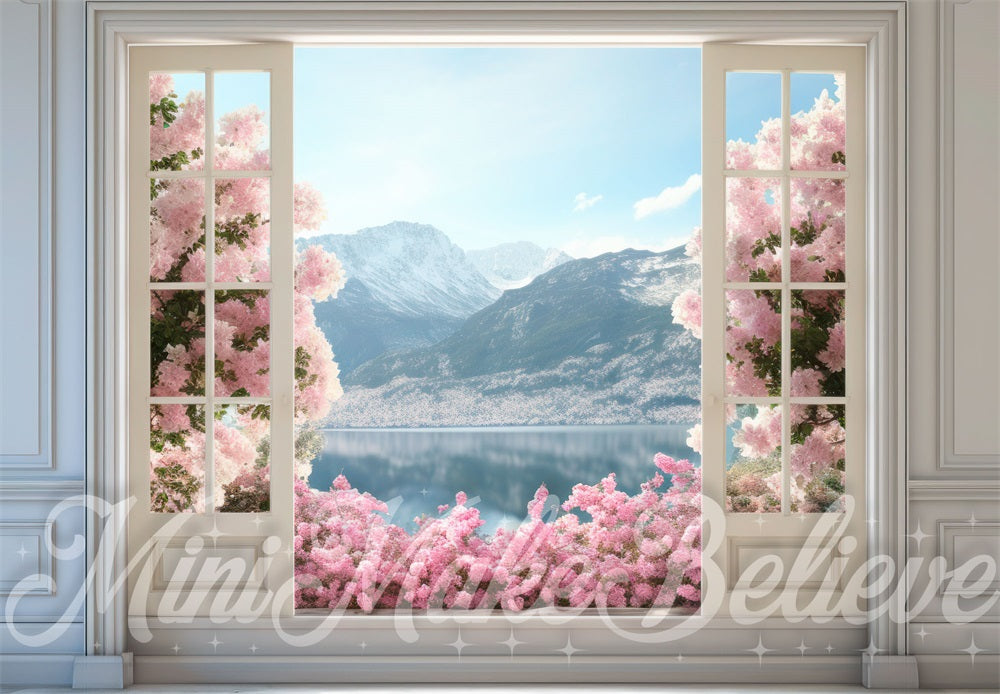 Kate Printemps Pâques Porte Montagnes Fleurs Toile de fond conçue par Mini MakeBelieve - Kate Backdrop FR