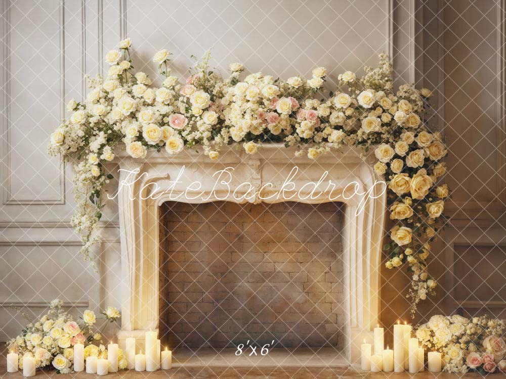 Kate Saint Valentin Blanc Fleurs Bougie Cheminée Toile de fond conçue par Emetselch