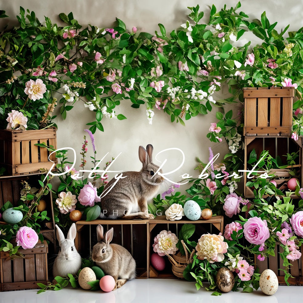 Kate Plantes vertes Fleurs Pâques Lapins Toile de fond conçue par Patty Robert