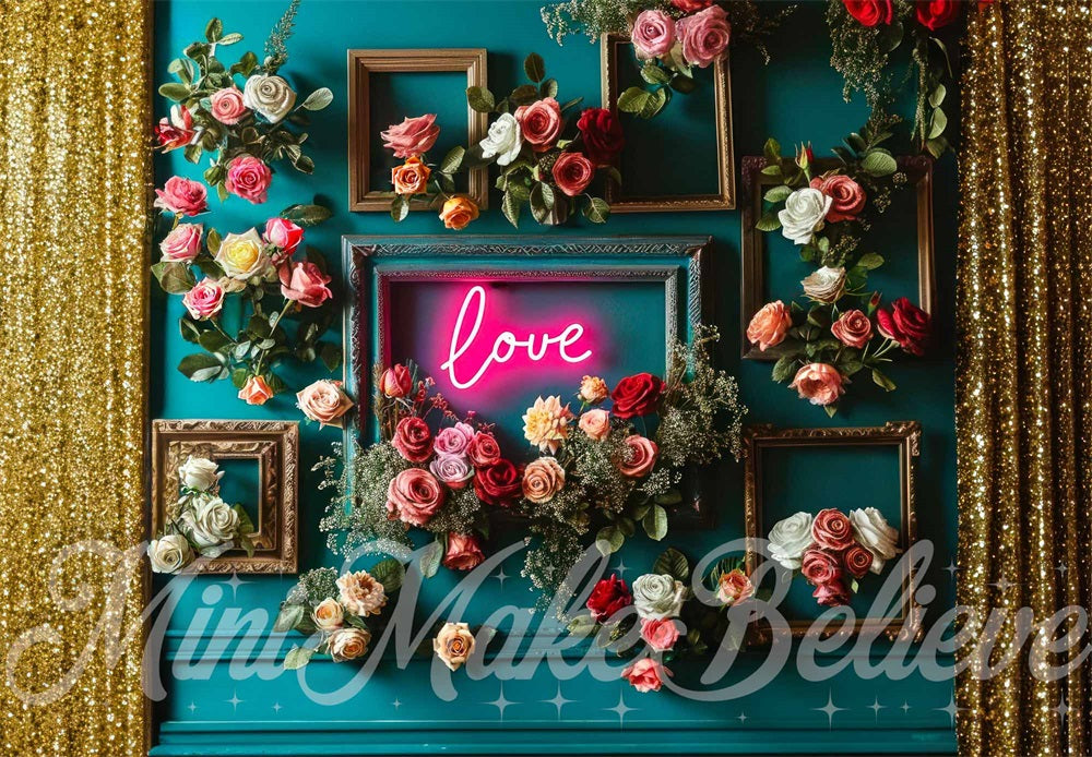 Kate Néon Amour Rose Mur turquoise Toile de fond conçue par Mini MakeBelieve - Kate Backdrop FR