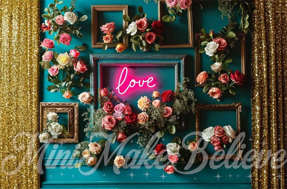 Kate Néon Amour Rose Mur turquoise Toile de fond conçue par Mini MakeBelieve