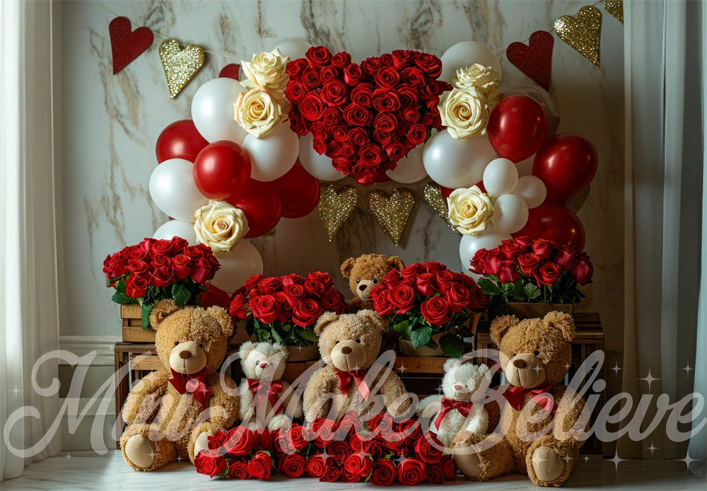 Kate Saint-Valentin Ours en peluche Roses rouges Toile de fond conçue par Mini MakeBelieve