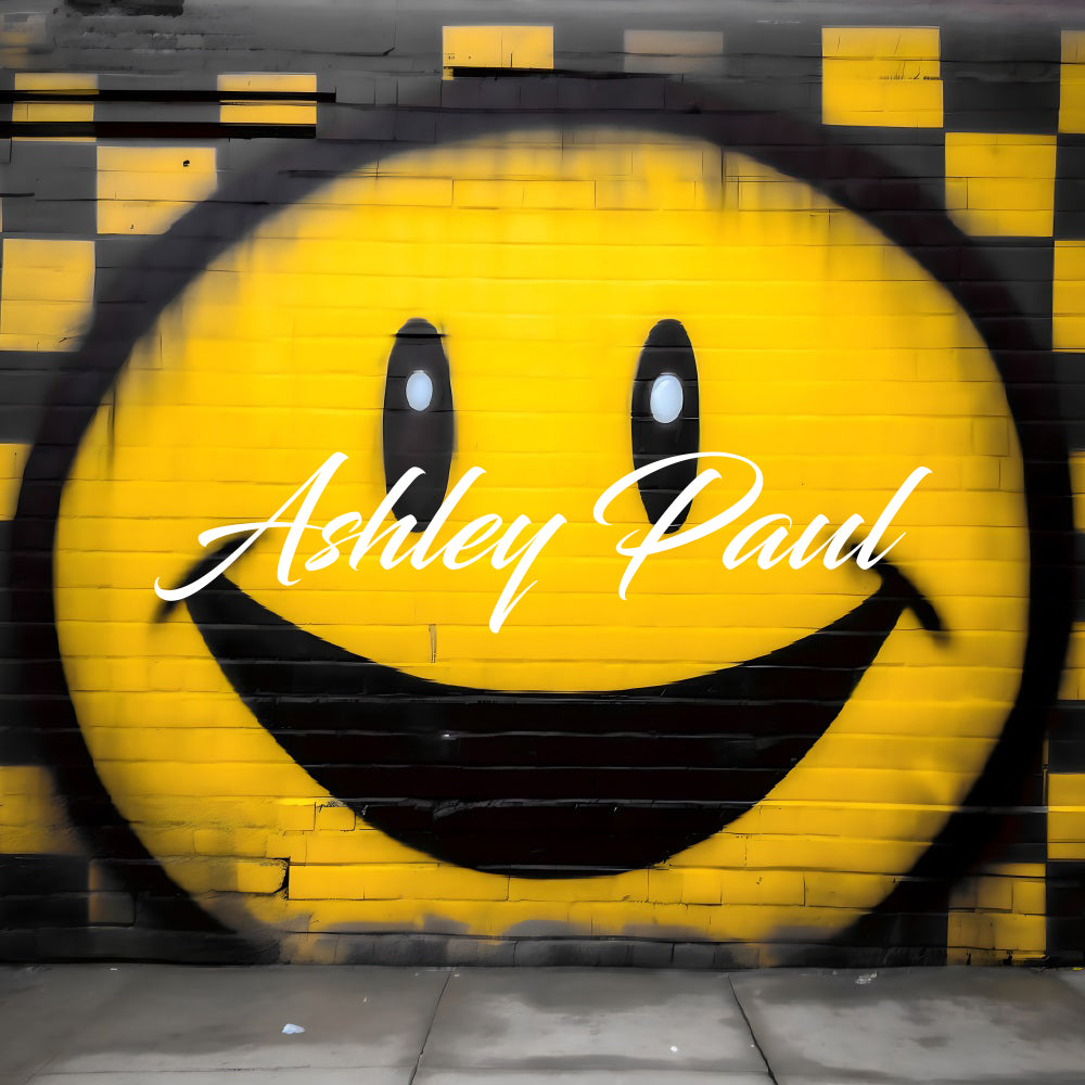 Kate Jaune & Noir Plaid Visage souriant Mur de briques Toile de fond conçu par Ashley Paul