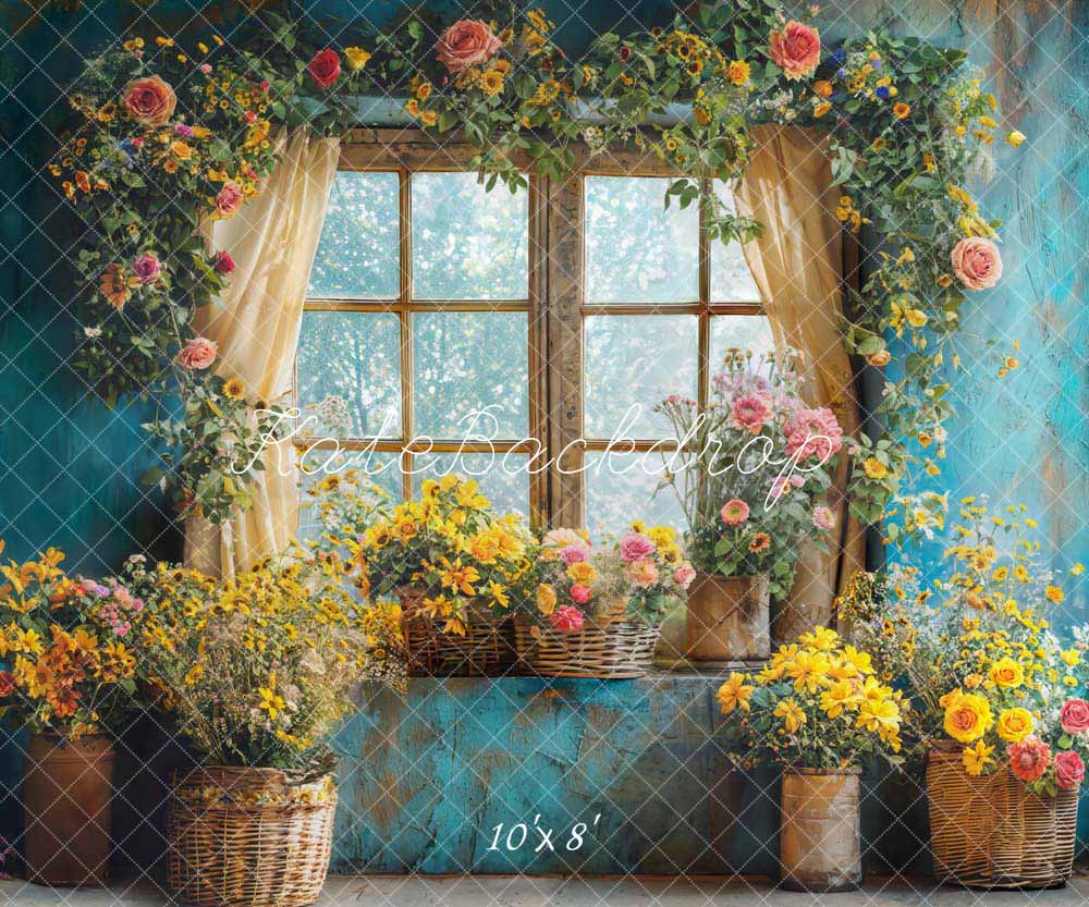 Kate Printemps Fleurs Bleu Chambre Fenêtre Toile de fond conçue par Emetselch