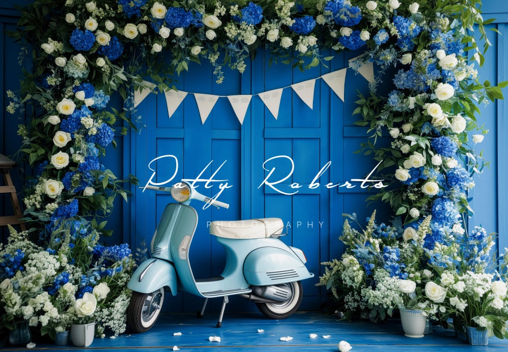 Kate Moto Bleu Fleurs Printemps Toile de fond conçue par Patty Robert - Kate Backdrop FR