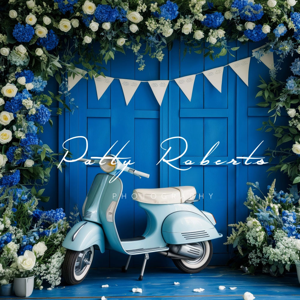 Kate Moto Bleu Fleurs Printemps Toile de fond conçue par Patty Robert - Kate Backdrop FR