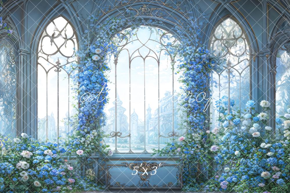 Kate Bleu Fantaisie Fleurs Fenêtre en arc Toile de fond conçue par GQ - Kate Backdrop FR