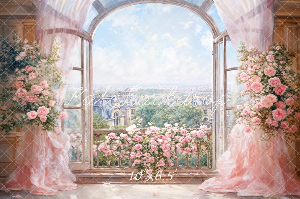 Kate Printemps Fleurs Rose Rideau Fenêtre en arc Toile de fond conçue par GQ - Kate Backdrop FR