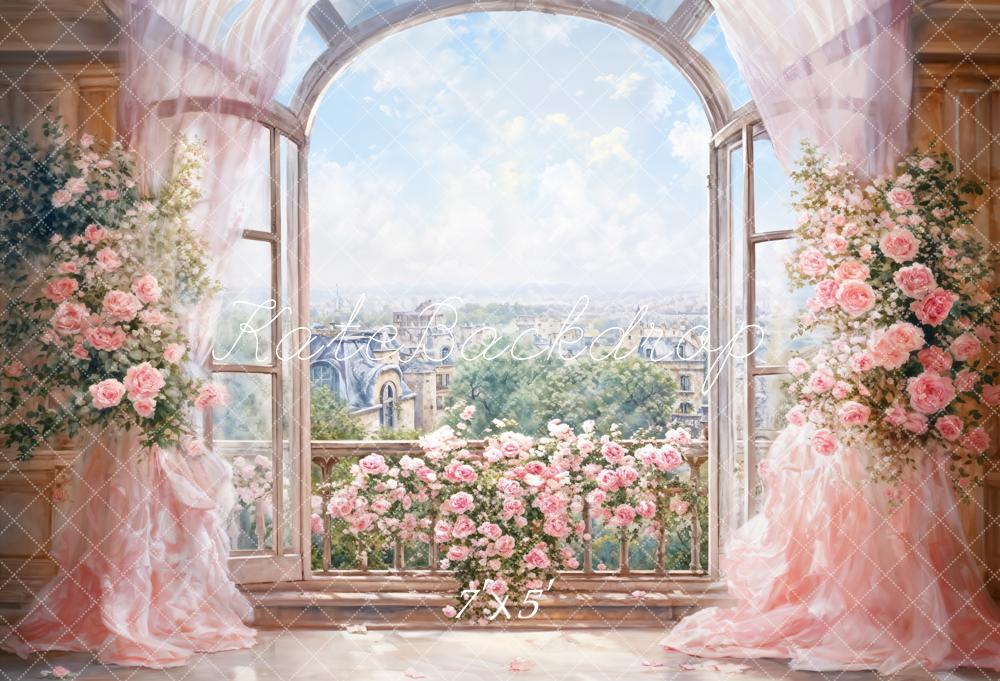 Kate Printemps Fleurs Rose Rideau Fenêtre en arc Toile de fond conçue par GQ - Kate Backdrop FR