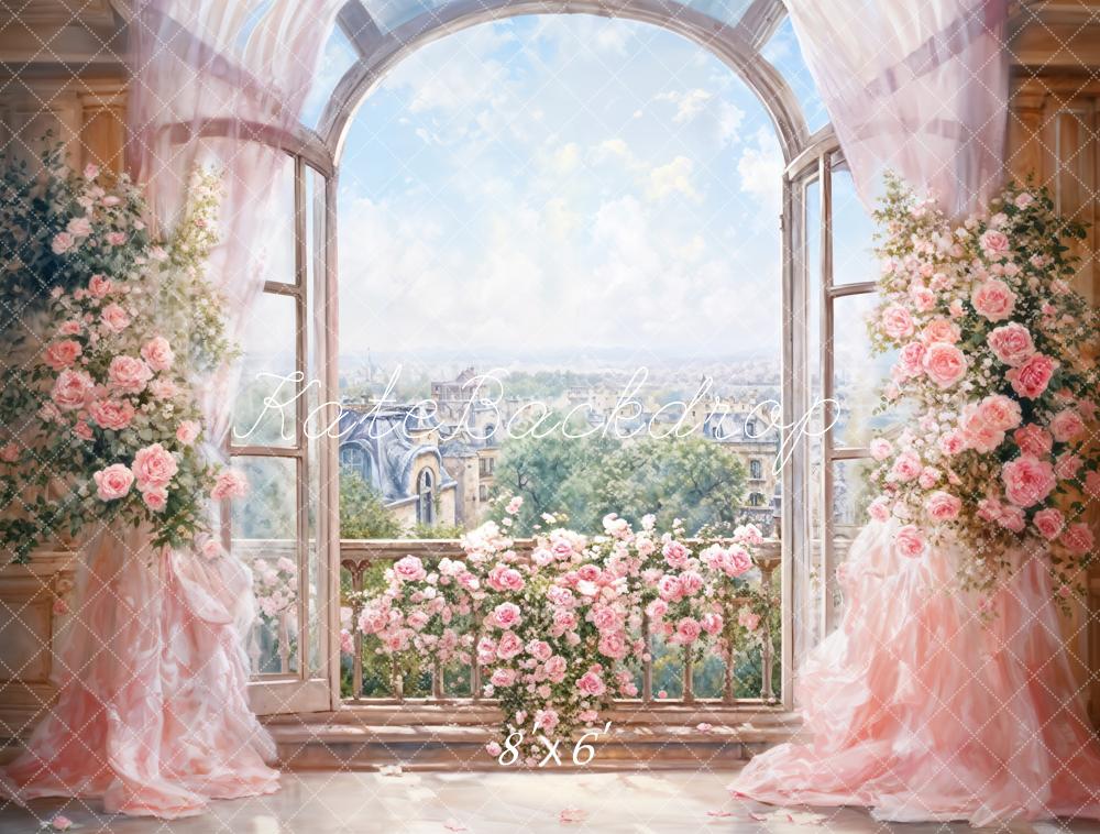 Kate Printemps Fleurs Rose Rideau Fenêtre en arc Toile de fond conçue par GQ - Kate Backdrop FR