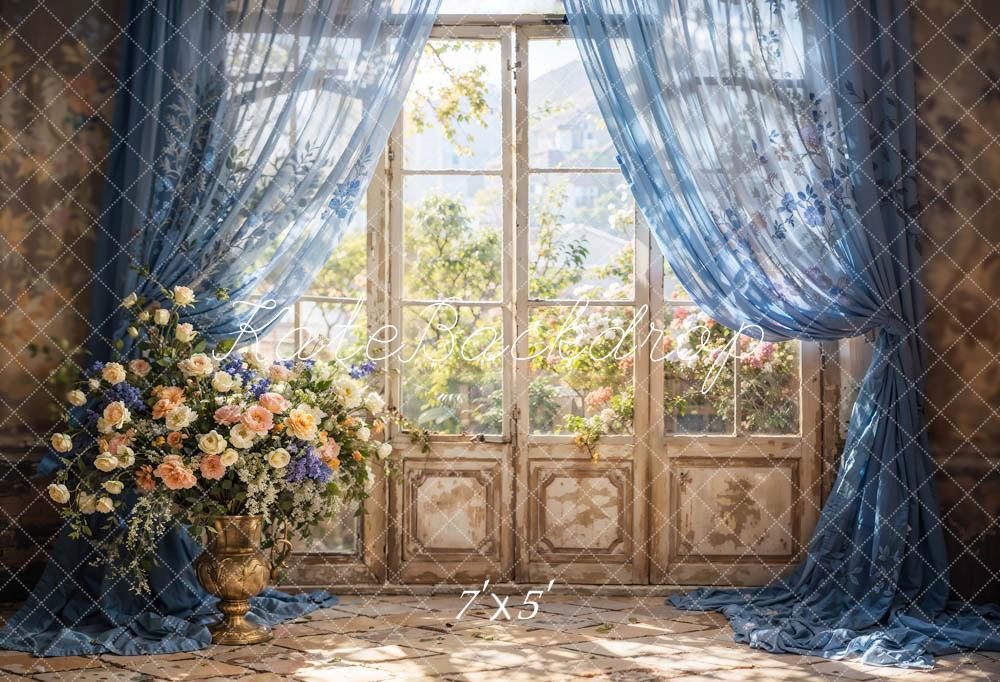 Kate Printemps Rideau bleu Fleurs Fenêtres Toile de fond conçue par Chain Photographie - Kate Backdrop FR