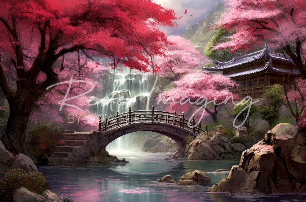 Kate Forêt d'érables Chute d'eau Pont Temple Ruisseau Toile de fond conçue par Lidia Redekopp - Kate Backdrop FR