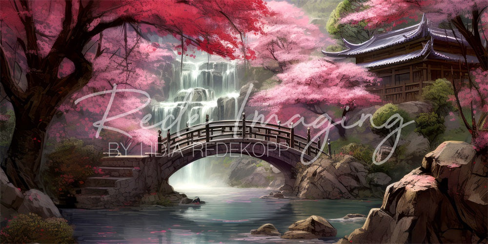 Kate Forêt d'érables Chute d'eau Pont Temple Ruisseau Toile de fond conçue par Lidia Redekopp