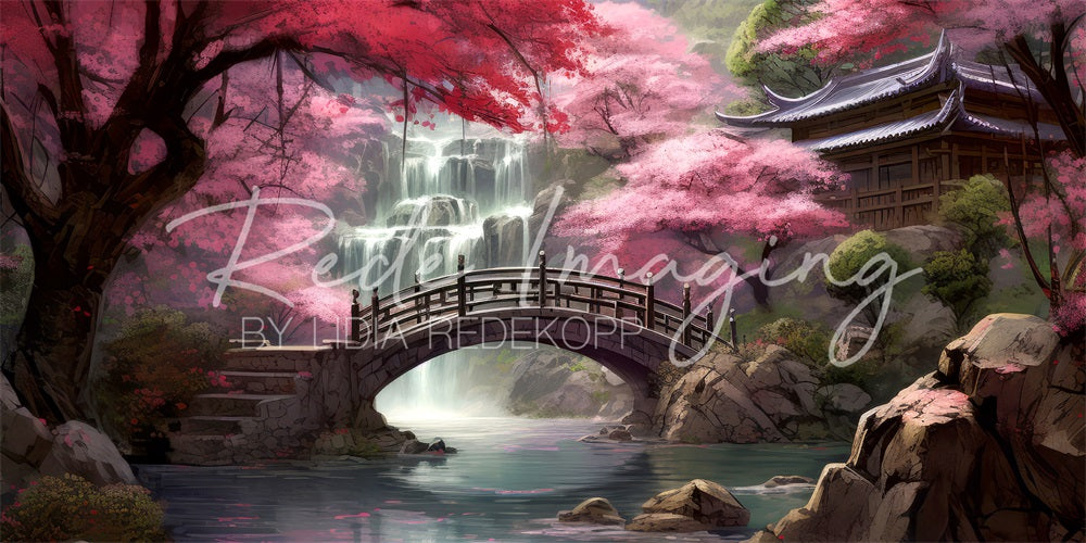 Kate Forêt d'érables Chute d'eau Pont Temple Ruisseau Toile de fond conçue par Lidia Redekopp - Kate Backdrop FR