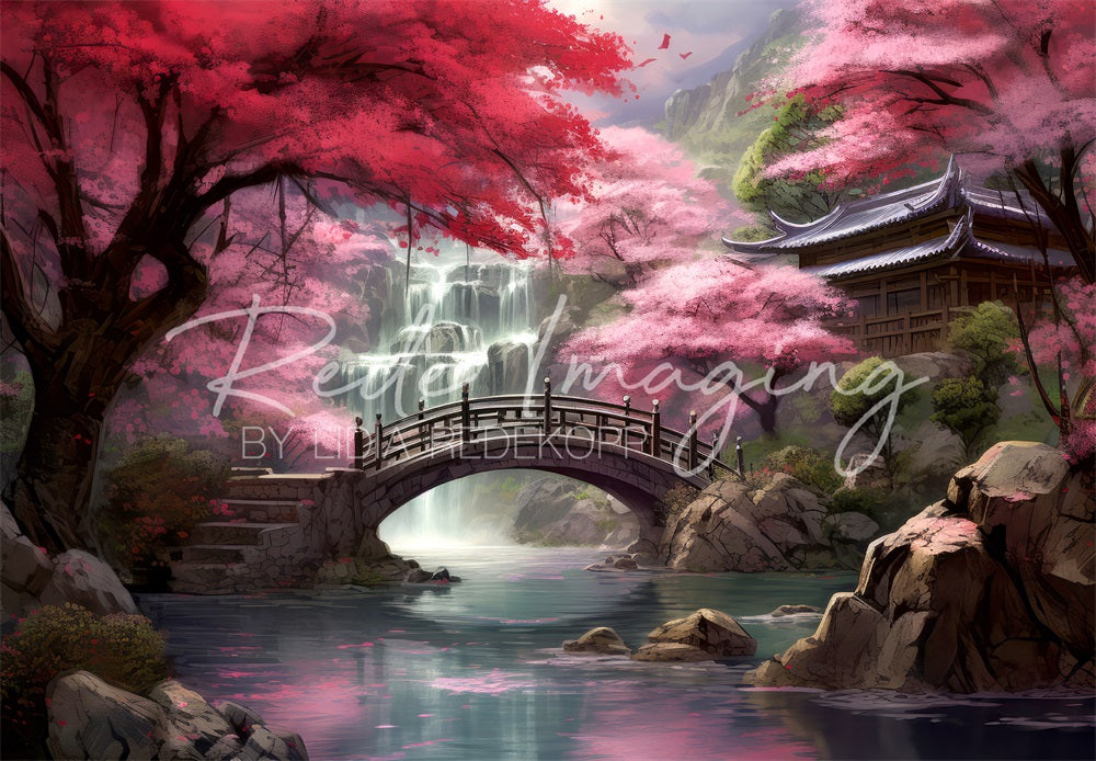 Kate Forêt d'érables Chute d'eau Pont Temple Ruisseau Toile de fond conçue par Lidia Redekopp - Kate Backdrop FR