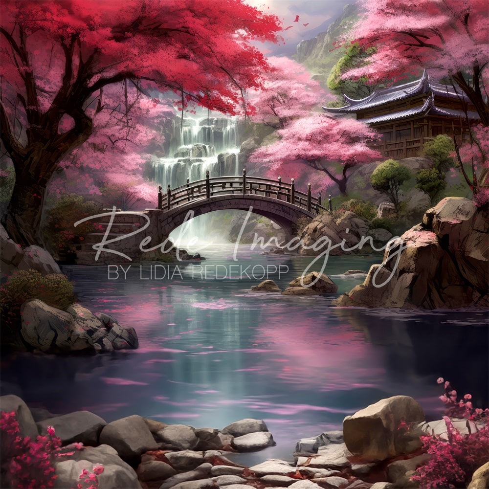 Kate Forêt d'érables Chute d'eau Pont Temple Ruisseau Toile de fond conçue par Lidia Redekopp - Kate Backdrop FR