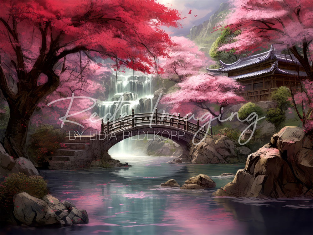 Kate Forêt d'érables Chute d'eau Pont Temple Ruisseau Toile de fond conçue par Lidia Redekopp - Kate Backdrop FR