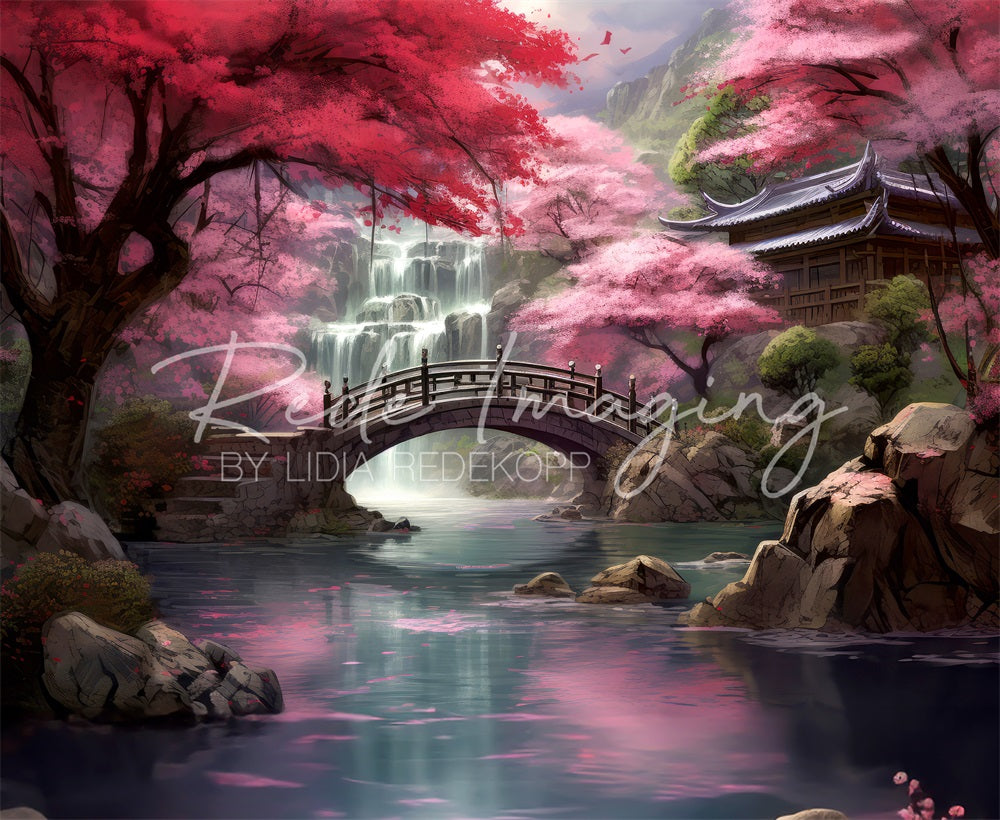 Kate Forêt d'érables Chute d'eau Pont Temple Ruisseau Toile de fond conçue par Lidia Redekopp - Kate Backdrop FR
