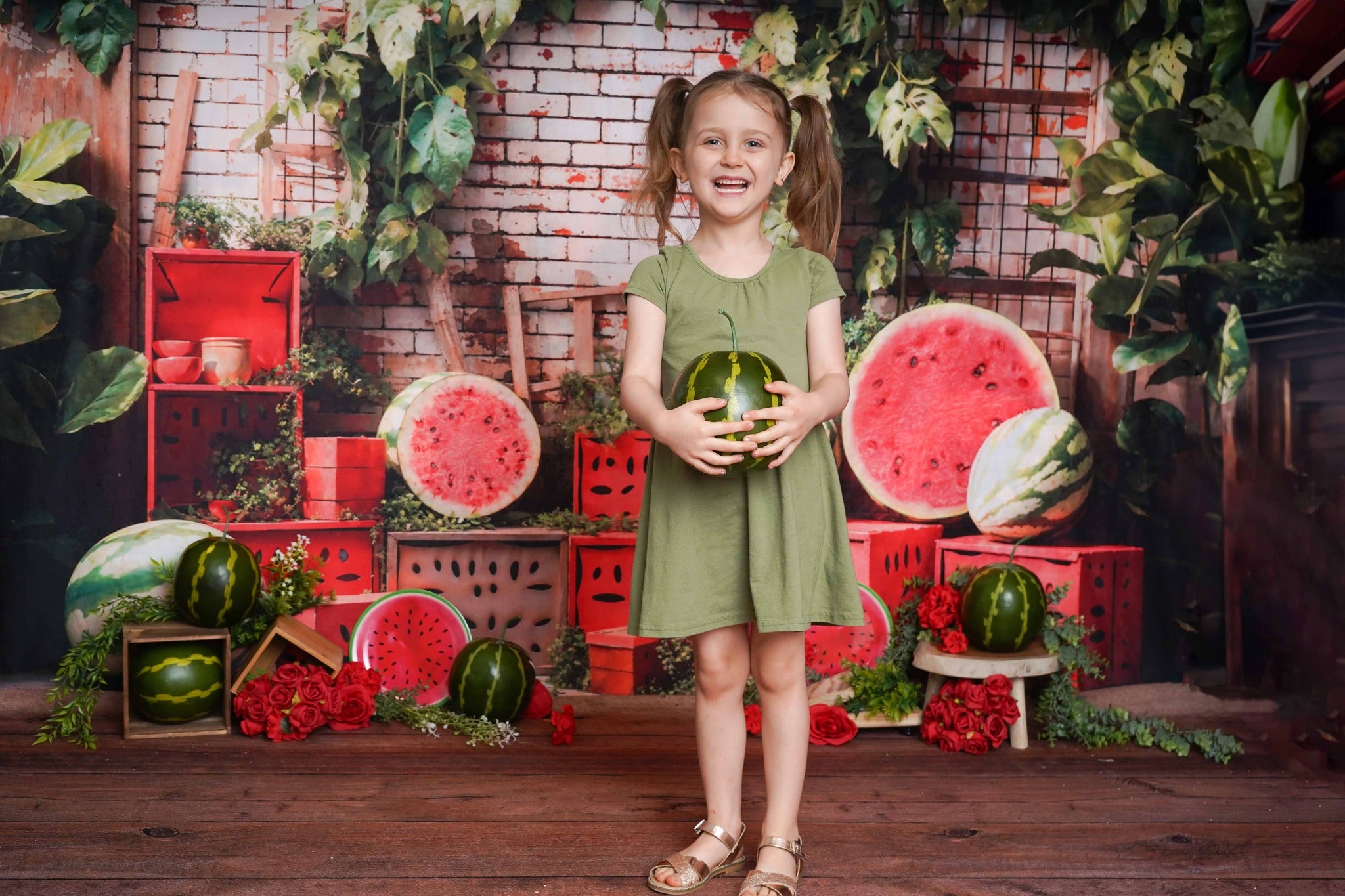 Kate Été Plantes Mur de briques Pastèque Toile de fond conçue par Emetselch - Kate Backdrop FR