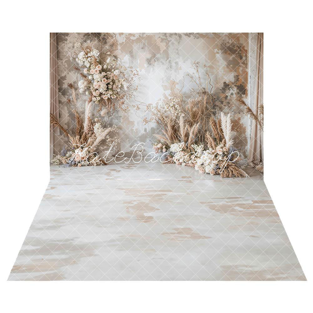 Kate Bohème Art abstrait Fleur Roseau Gris clair Toile de fond+Rétro Blanc Sol en marbre Toile de fond - Kate Backdrop FR