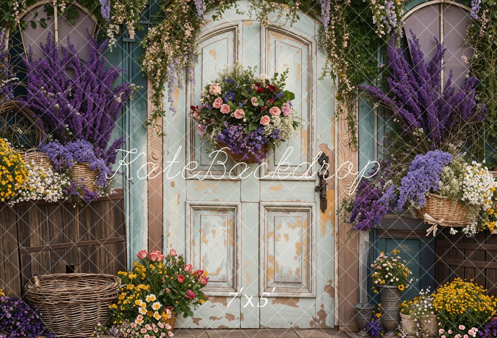 Kate Printemps Lavande Fleurs Porte en bois Toile de fond conçue par Emetselch