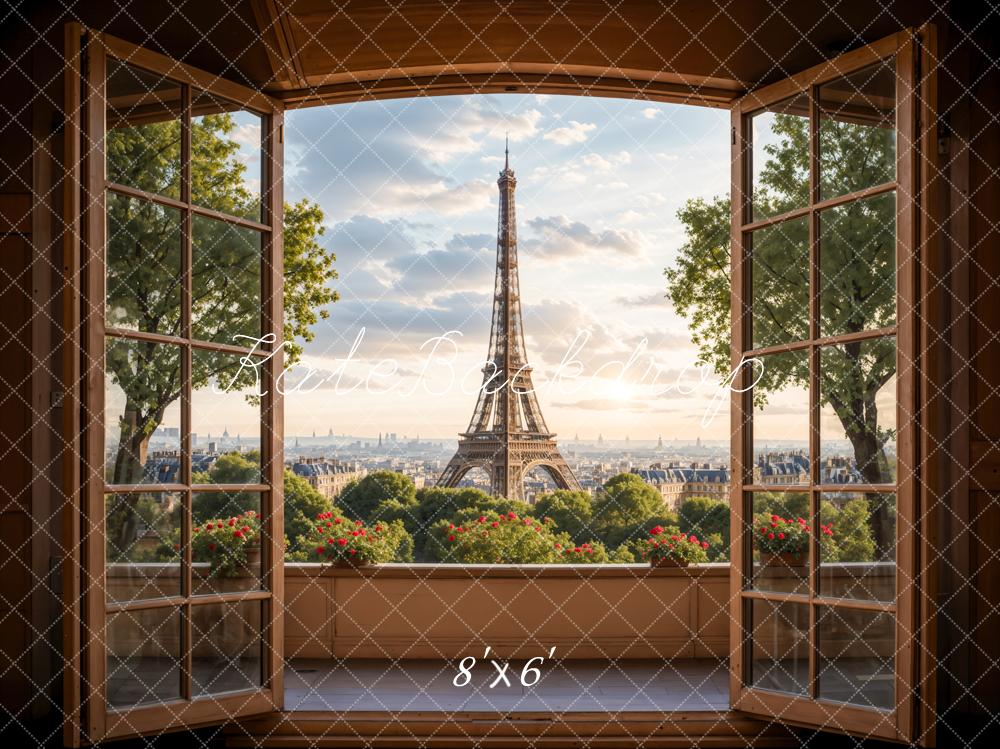 Kate Fenêtre en bois Balcon Tour de Paris Ville Toile de fond conçue par Emetselch - Kate Backdrop FR