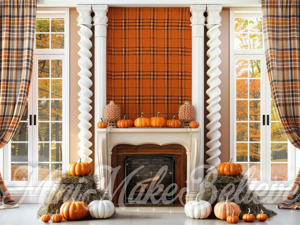 Kate Automne Intérieur Mur à carreaux Citrouilles Toile de fond conçue par Mini MakeBelieve - Kate Backdrop FR