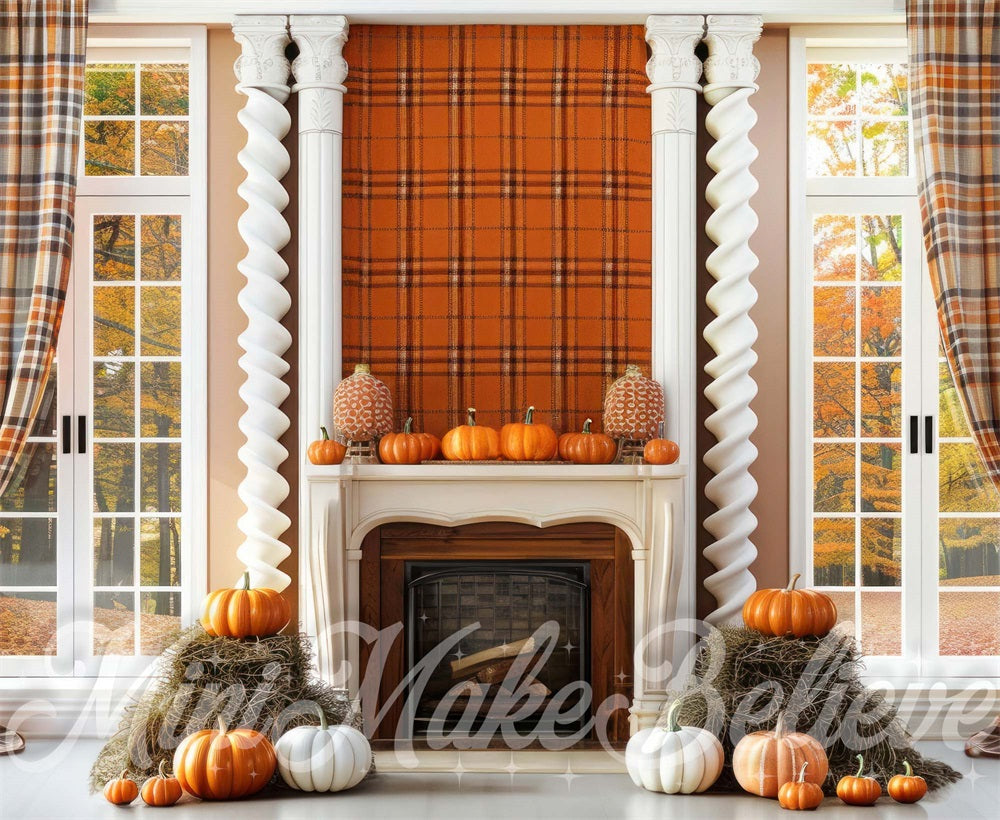 Kate Automne Intérieur Mur à carreaux Citrouilles Toile de fond conçue par Mini MakeBelieve - Kate Backdrop FR