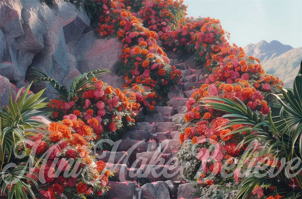 Kate Tropical Escaliers en pierre Fleurs Rouge Toile de fond conçue par Mini MakeBelieve