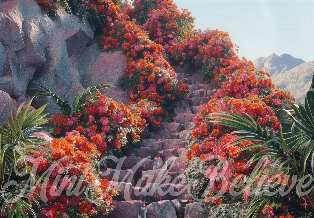 Kate Tropical Escaliers en pierre Fleurs Rouge Toile de fond conçue par Mini MakeBelieve - Kate Backdrop FR