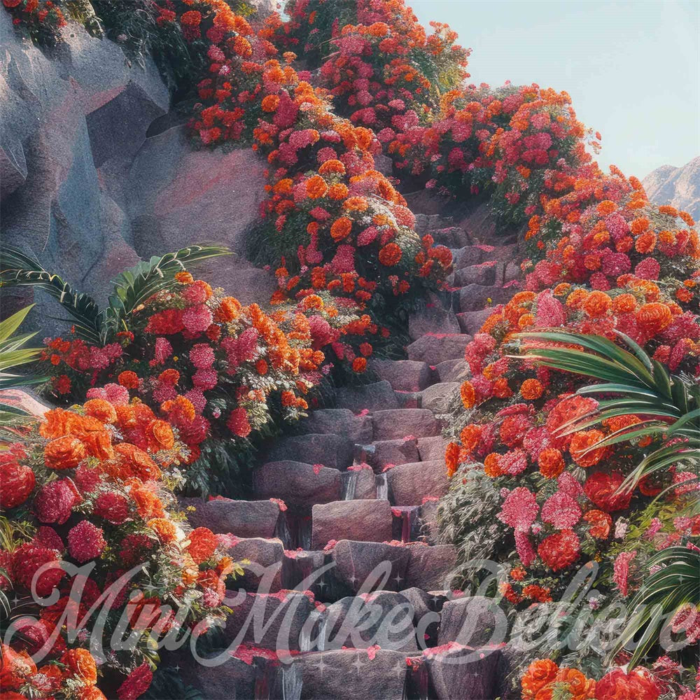 Kate Tropical Escaliers en pierre Fleurs Rouge Toile de fond conçue par Mini MakeBelieve - Kate Backdrop FR