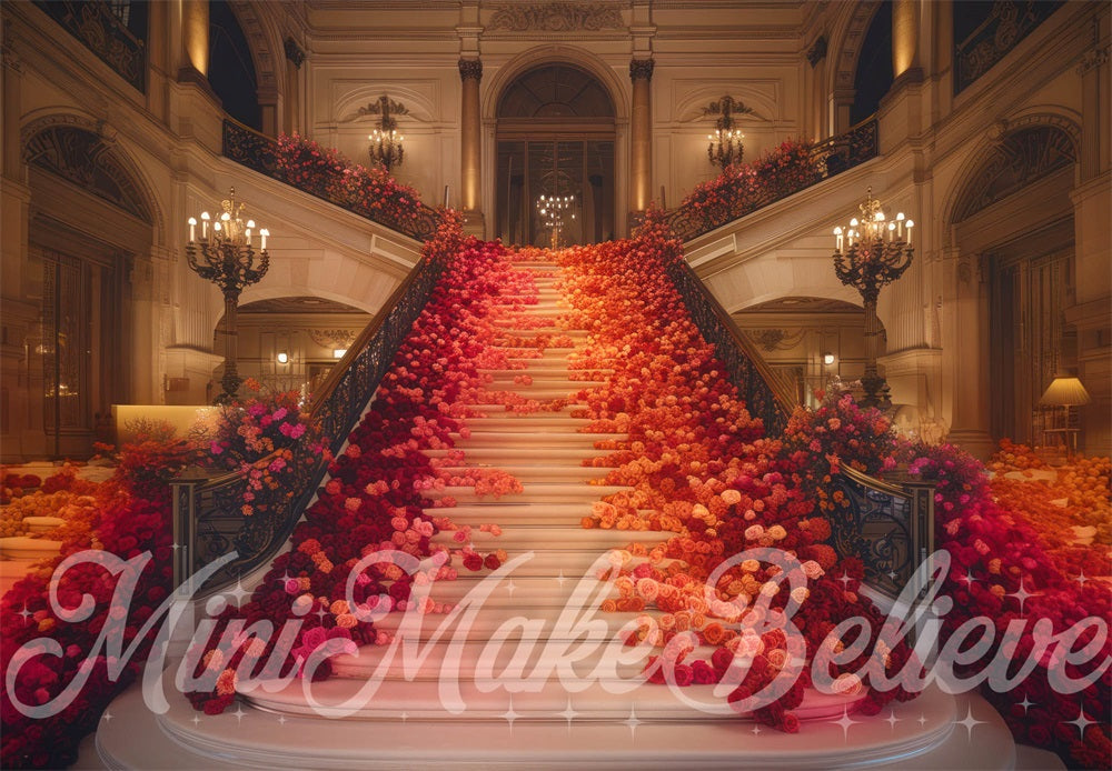 Kate Floral Escalier Rouge Sombre Intérieur Toile de fond conçue par Mini MakeBelieve