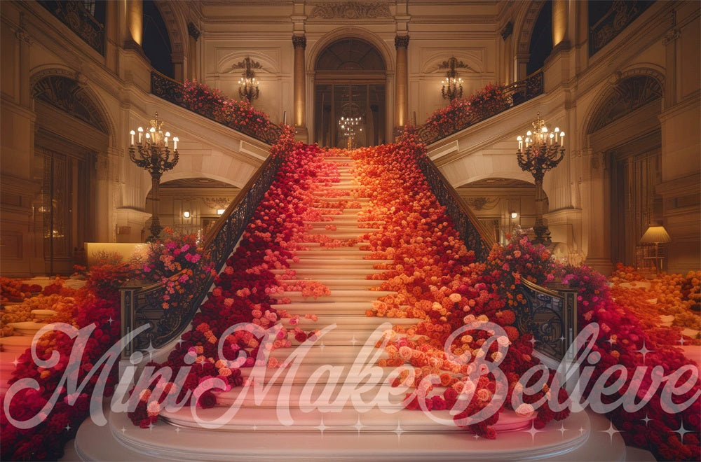 Kate Floral Escalier Rouge Sombre Intérieur Toile de fond conçue par Mini MakeBelieve