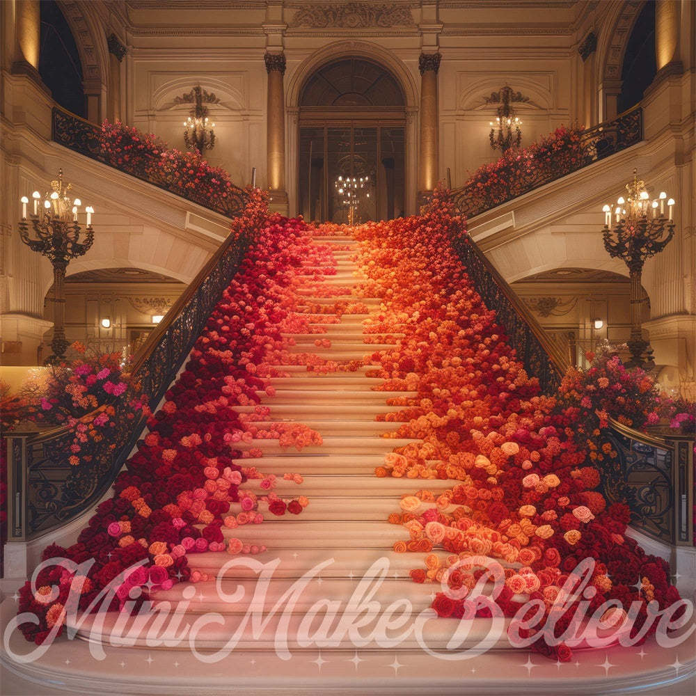 Kate Floral Escalier Rouge Sombre Intérieur Toile de fond conçue par Mini MakeBelieve