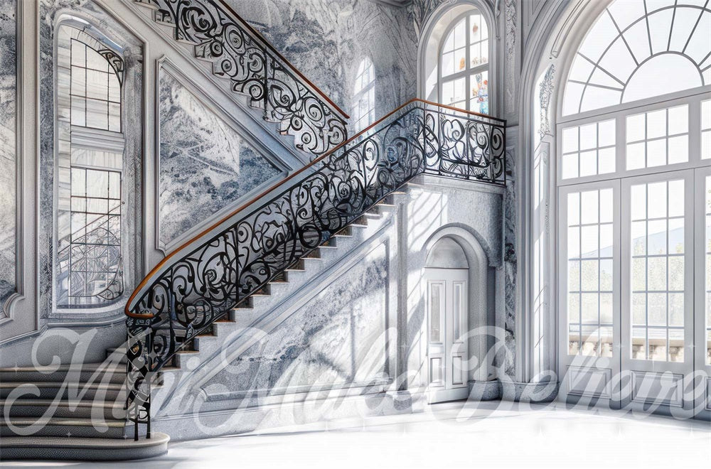 Kate Grandiose Intérieur Escalier Blanc Toile de fond conçue par Mini MakeBelieve