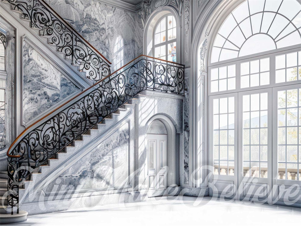 Kate Grandiose Intérieur Escalier Blanc Toile de fond conçue par Mini MakeBelieve