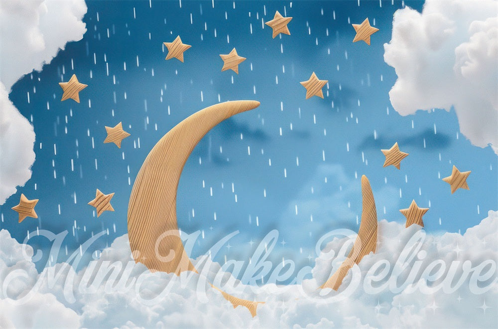 Kate Lune en Bois Ciel Nuages Étoiles Enfant Toile de fond conçue par Mini MakeBelieve