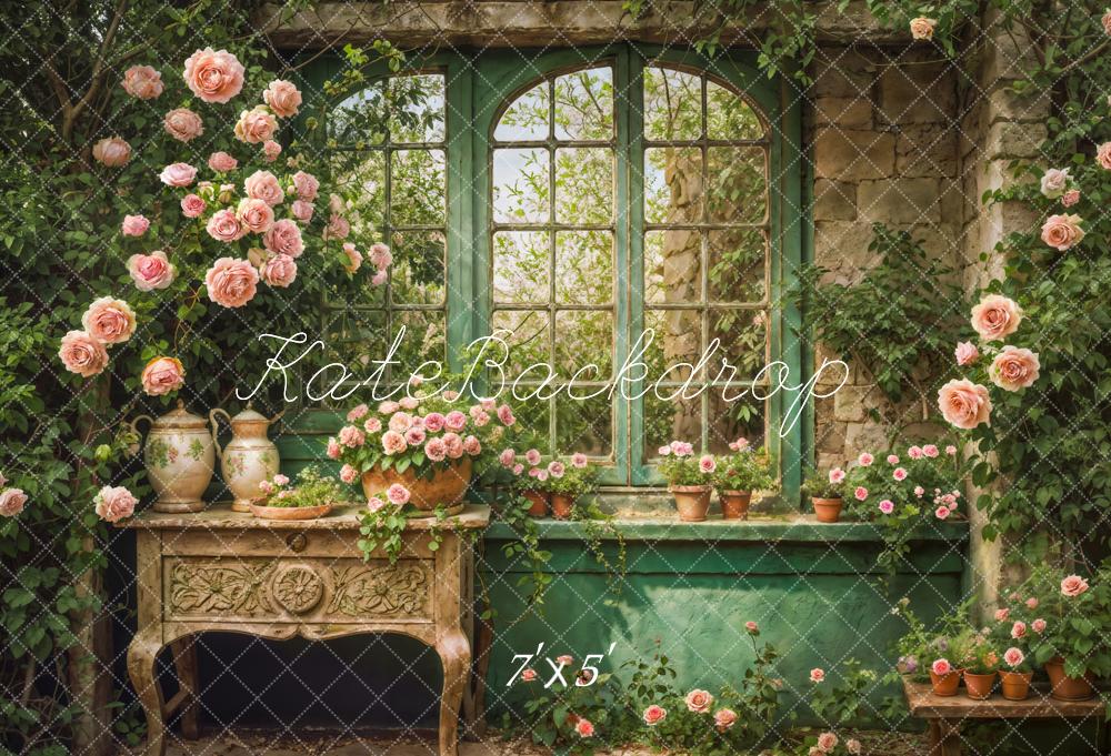 Kate Printemps Fenêtre Fleurs Intérieur Vert Toile de fond conçue par Emetselch - Kate Backdrop FR