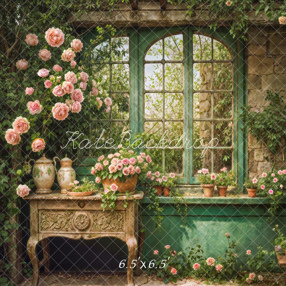 Kate Printemps Fenêtre Fleurs Intérieur Vert Toile de fond conçue par Emetselch - Kate Backdrop FR