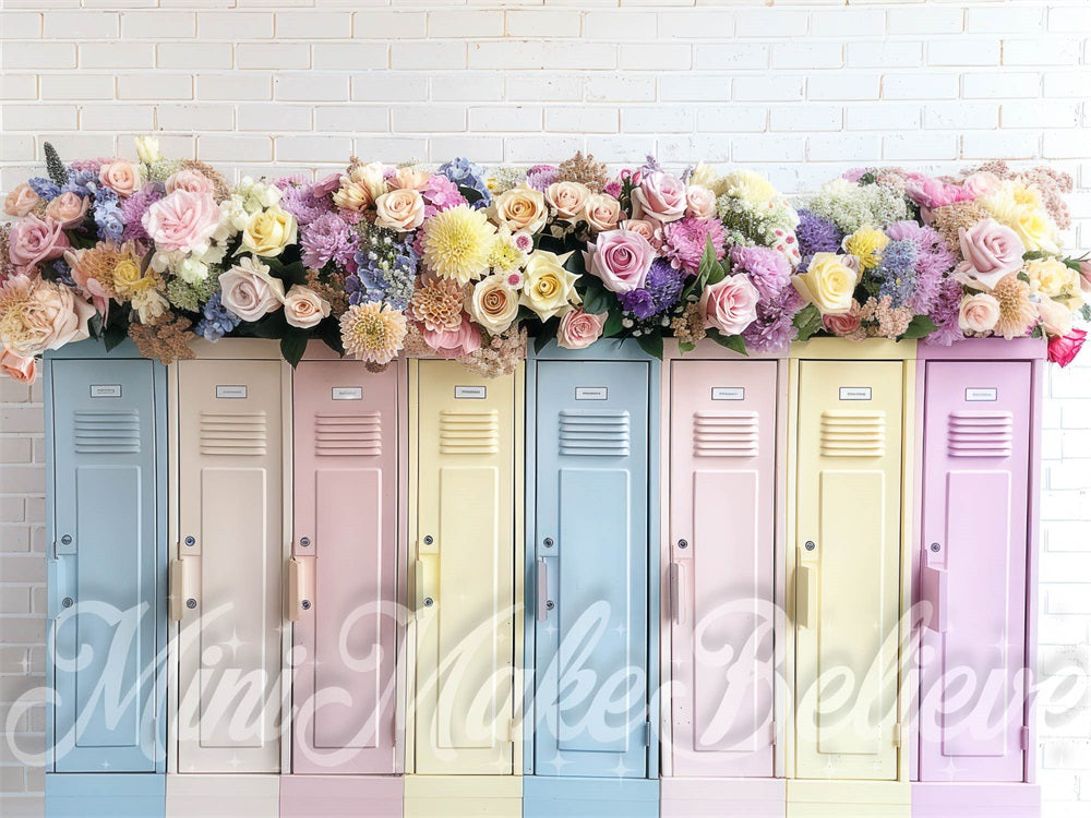 Kate Pastel Casiers Fleurs Mur de briques Toile de fond conçue par Mini MakeBelieve