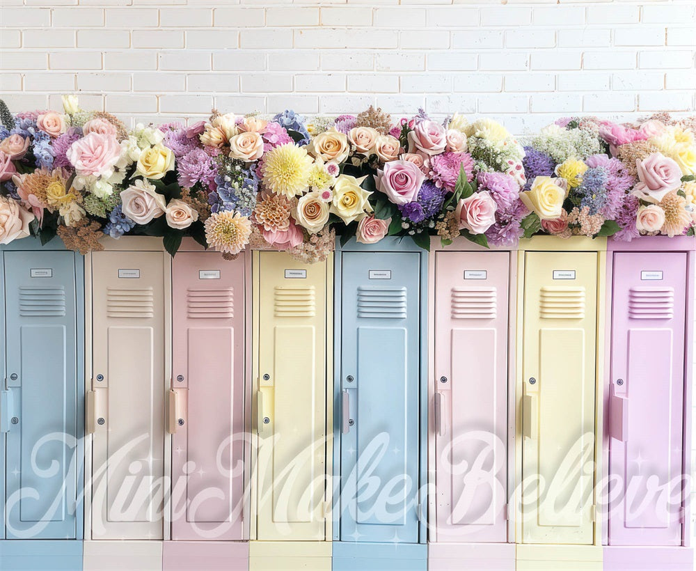 Kate Pastel Casiers Fleurs Mur de briques Toile de fond conçue par Mini MakeBelieve