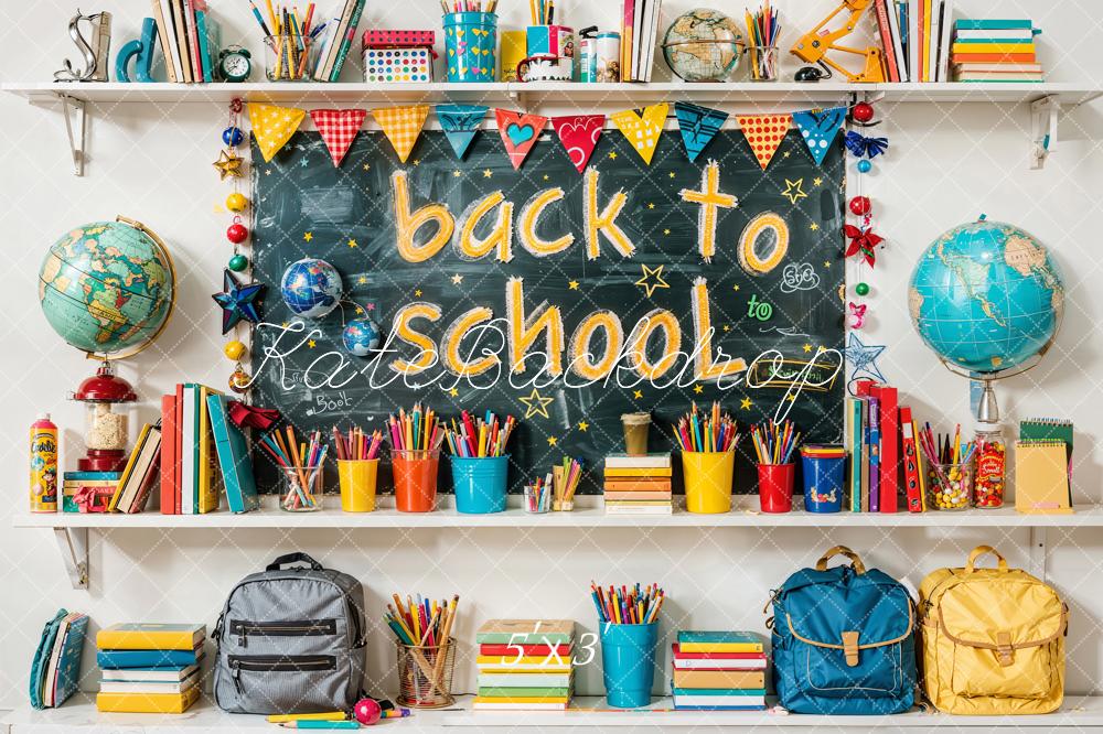 Kate Retour à l'école Globe Coloré Livre Crayon Sac Toile de fond conçue par Emetselch - Kate Backdrop FR