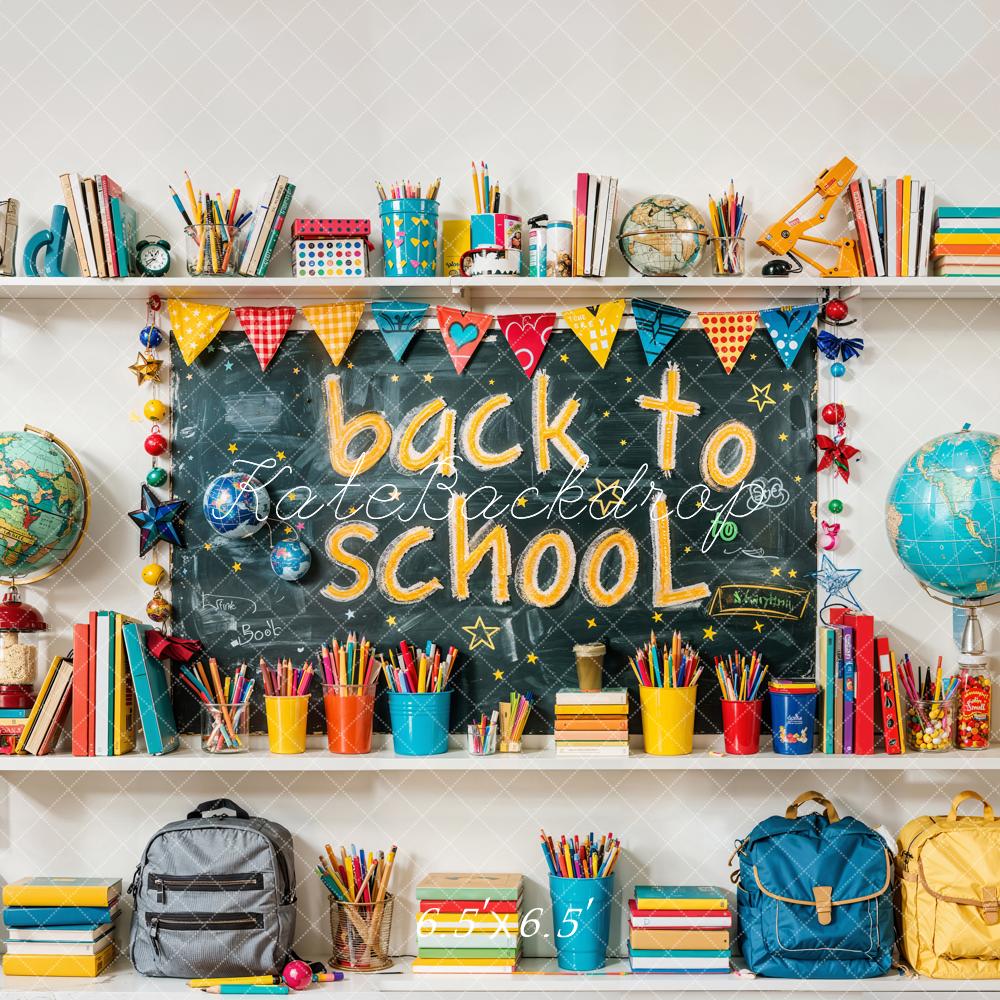 Kate Retour à l'école Globe Coloré Livre Crayon Sac Toile de fond conçue par Emetselch - Kate Backdrop FR
