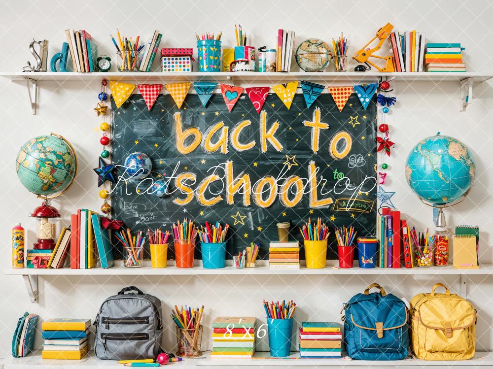 Kate Retour à l'école Globe Coloré Livre Crayon Sac Toile de fond conçue par Emetselch - Kate Backdrop FR