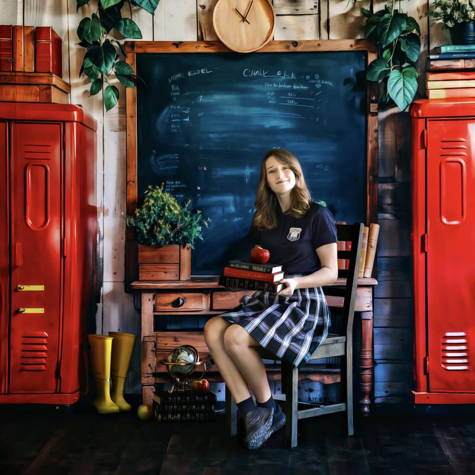 Kate Retour à l'école Casier Livre Bureau en bois Toile de fond conçue par Emetselch - Kate Backdrop FR