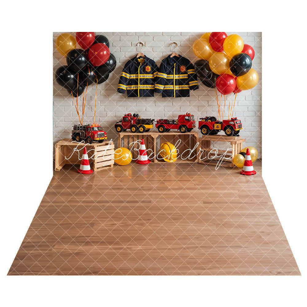 Kate Anniversaire Pompiers Voiture-jouet Uniforme Toile de fond+Brun clair Classique Sol en bois Toile de fond - Kate Backdrop FR