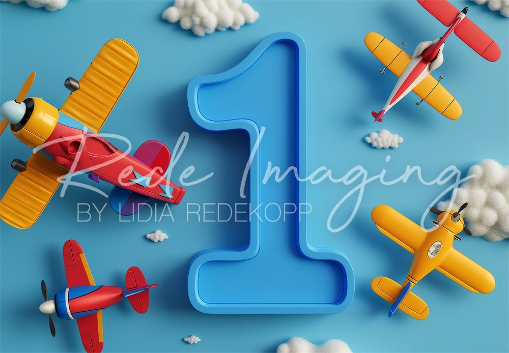 Kate Bleu Avions 1er Anniversaire Enfant Toile de fond conçue par Lidia Redekopp - Kate Backdrop FR